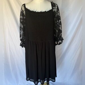 Sirenlily | Black Smocked Dress with Sheer Lace Sleeves - 2X